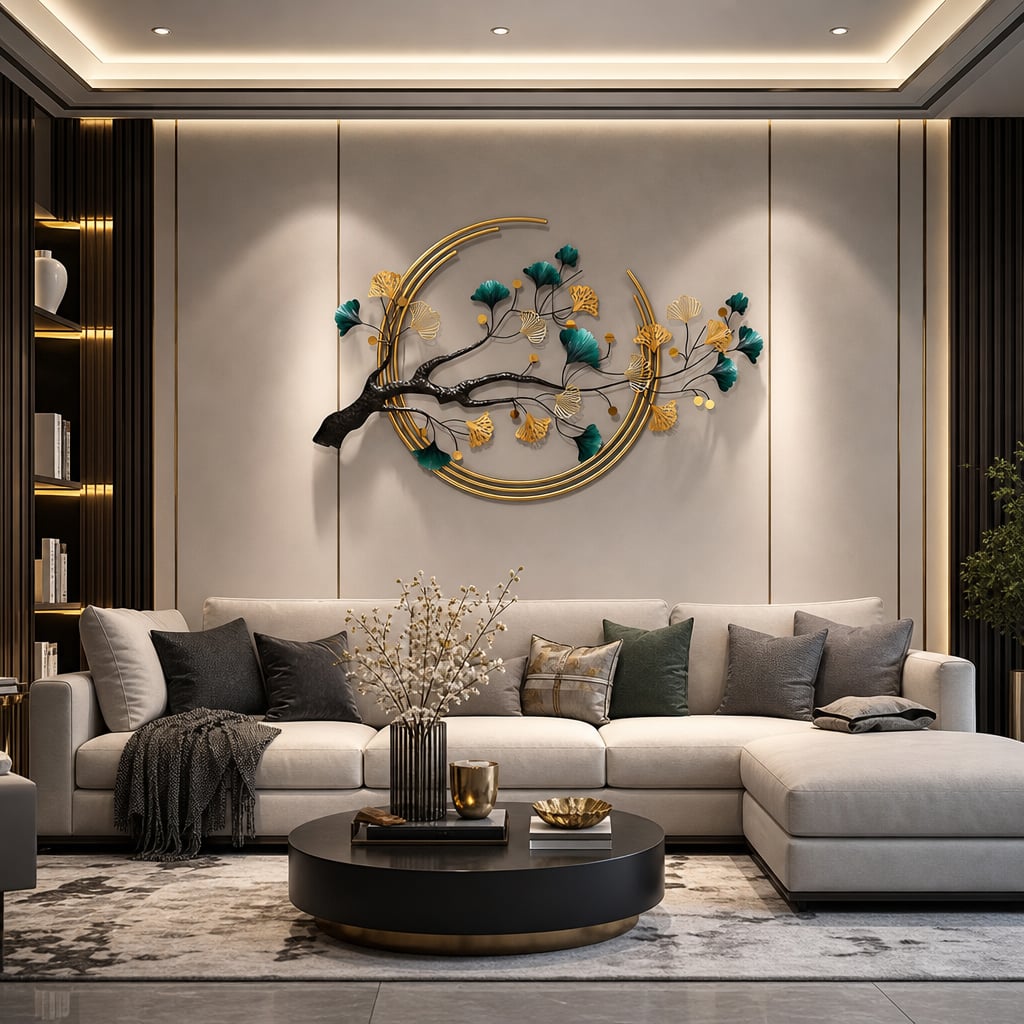 Metall Wanddekoration LuxCanva® Aurora Zweig A0899, aus Metall, Horizontal, Gold, Grün, Schwarz, Großformat 60 × 110 cm