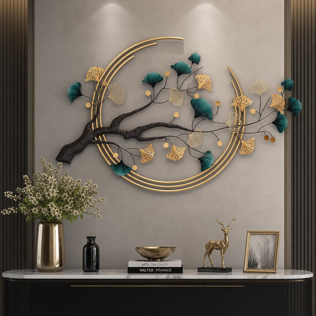 Metall Wanddekoration LuxCanva® Aurora Zweig A0899, aus Metall, Horizontal, Gold, Grün, Schwarz, Großformat 60 × 110 cm