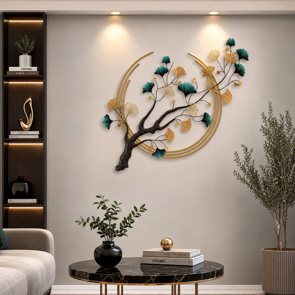 Metall Wanddekoration LuxCanva® Aurora Zweig A0899, aus Metall, Horizontal, Gold, Grün, Schwarz, Großformat 60 × 110 cm