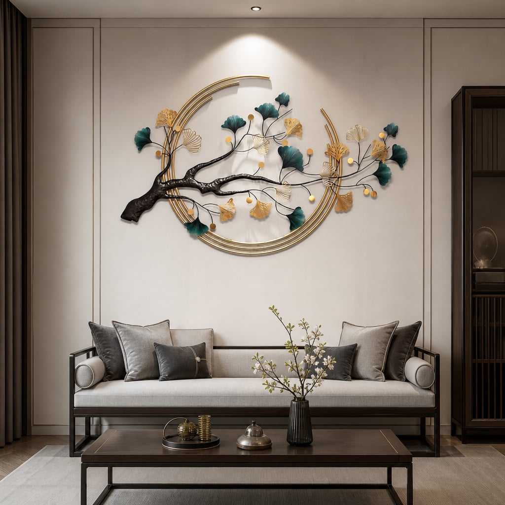 Metall Wanddekoration LuxCanva® Aurora Zweig A0899, aus Metall, Horizontal, Gold, Grün, Schwarz, Großformat 60 × 110 cm