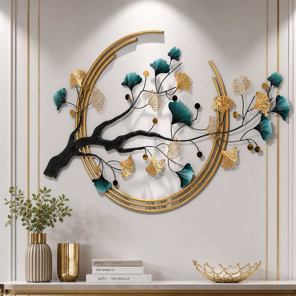 Metall Wanddekoration LuxCanva® Aurora Zweig A0899, aus Metall, Horizontal, Gold, Grün, Schwarz, Großformat 60 × 110 cm