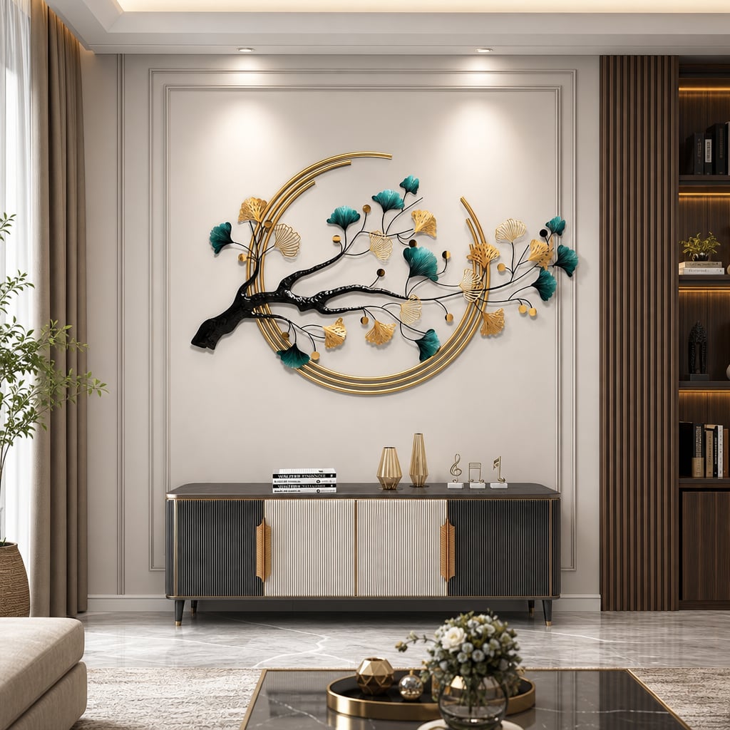 Metall Wanddekoration LuxCanva® Aurora Zweig A0899, aus Metall, Horizontal, Gold, Grün, Schwarz, Großformat 60 × 110 cm