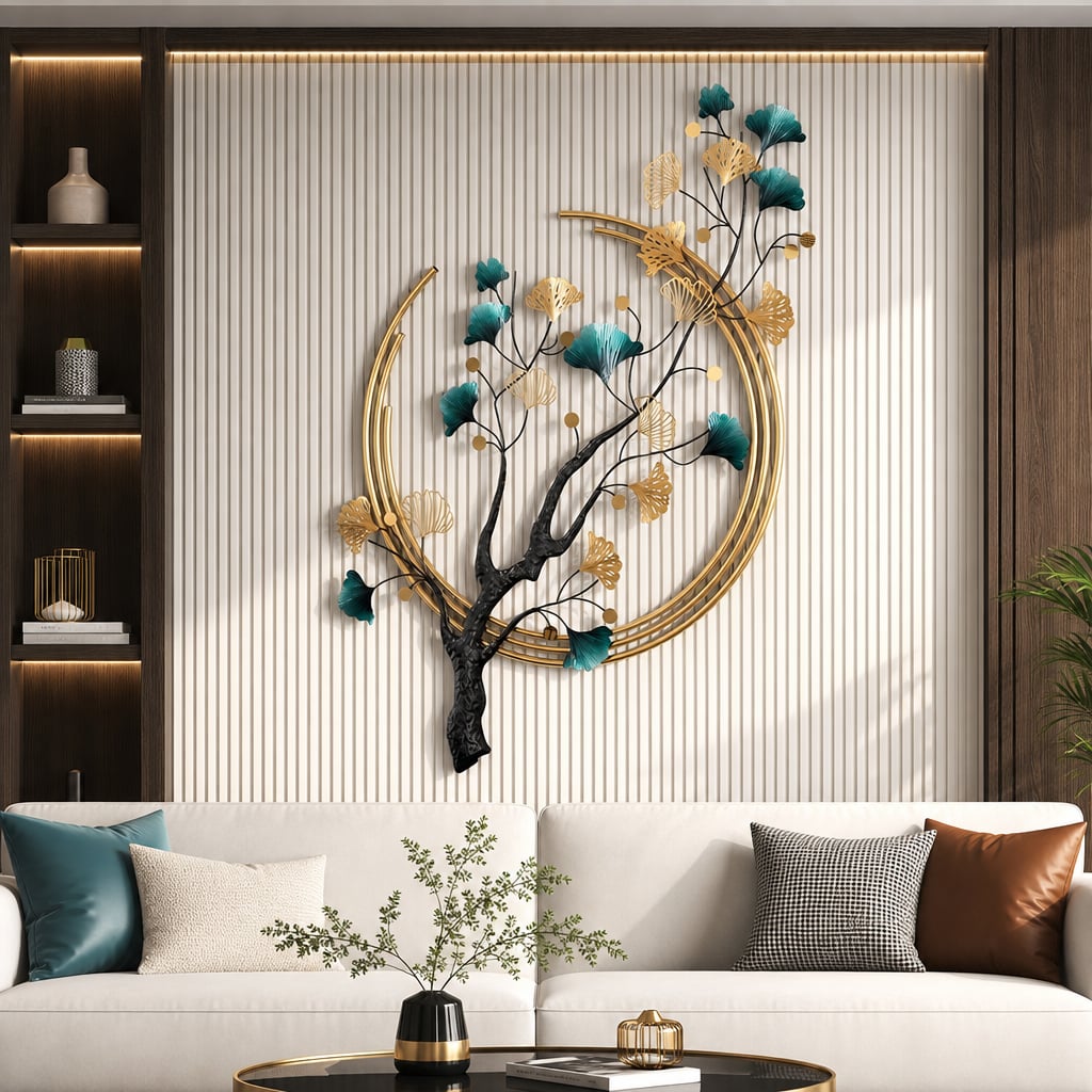Metall Wanddekoration LuxCanva® Aurora Zweig A0899, aus Metall, Horizontal, Gold, Grün, Schwarz, Großformat 60 × 110 cm