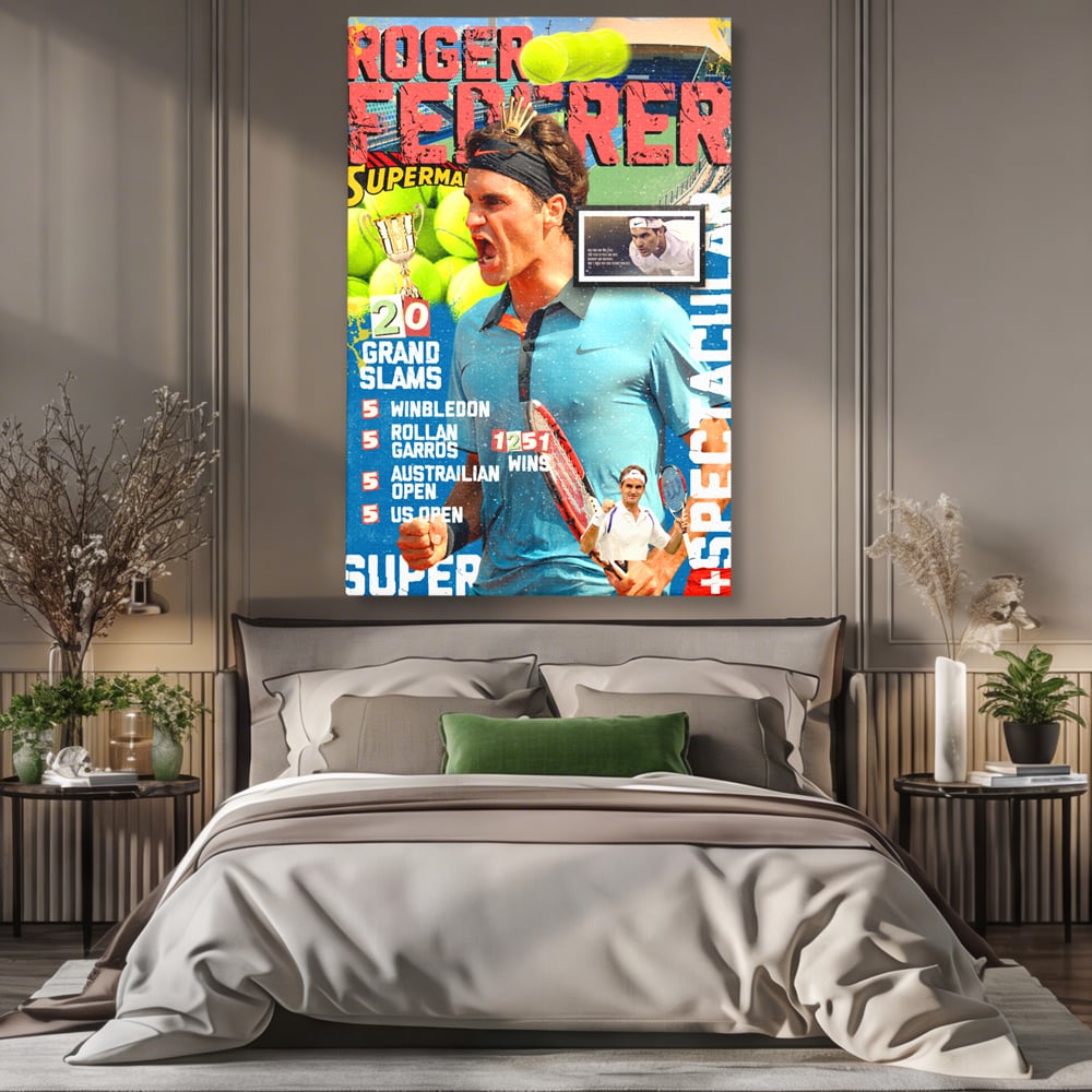 Tablou Canvas Premium LuxCanva® B1004, Roger Federer , Decorativ, Sportiv, Vedete, Tenis, Campioni, Culori Vibrante