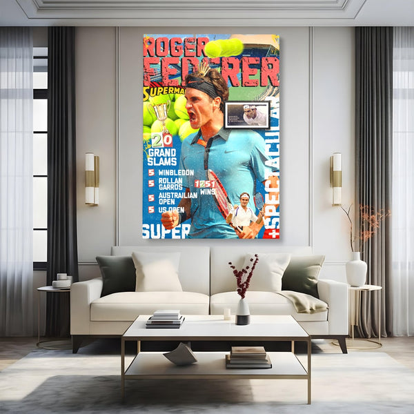 Tablou Canvas Premium LuxCanva® B1004, Roger Federer , Decorativ, Sportiv, Vedete, Tenis, Campioni, Culori Vibrante
