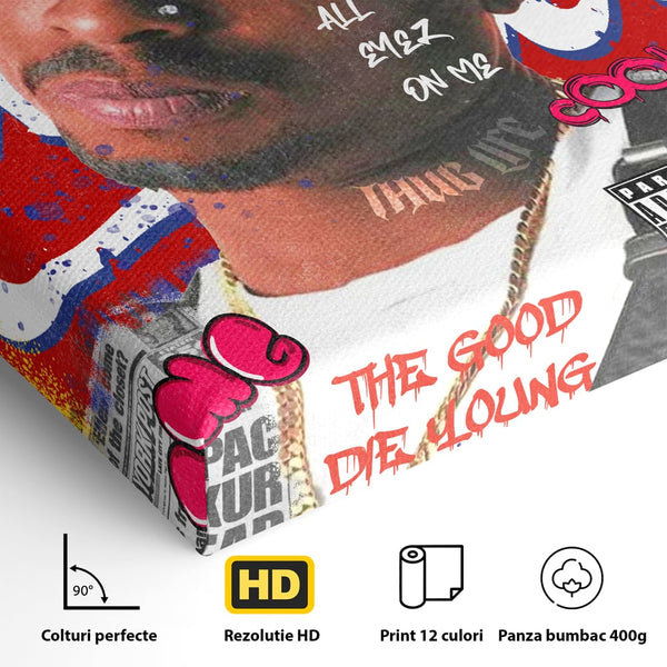 Tablou Canvas Premium LuxCanva® B1016, Tupac Shakur , Motivational, Hip-Hop, 2Pac, Cantaret, Culori Vibrante