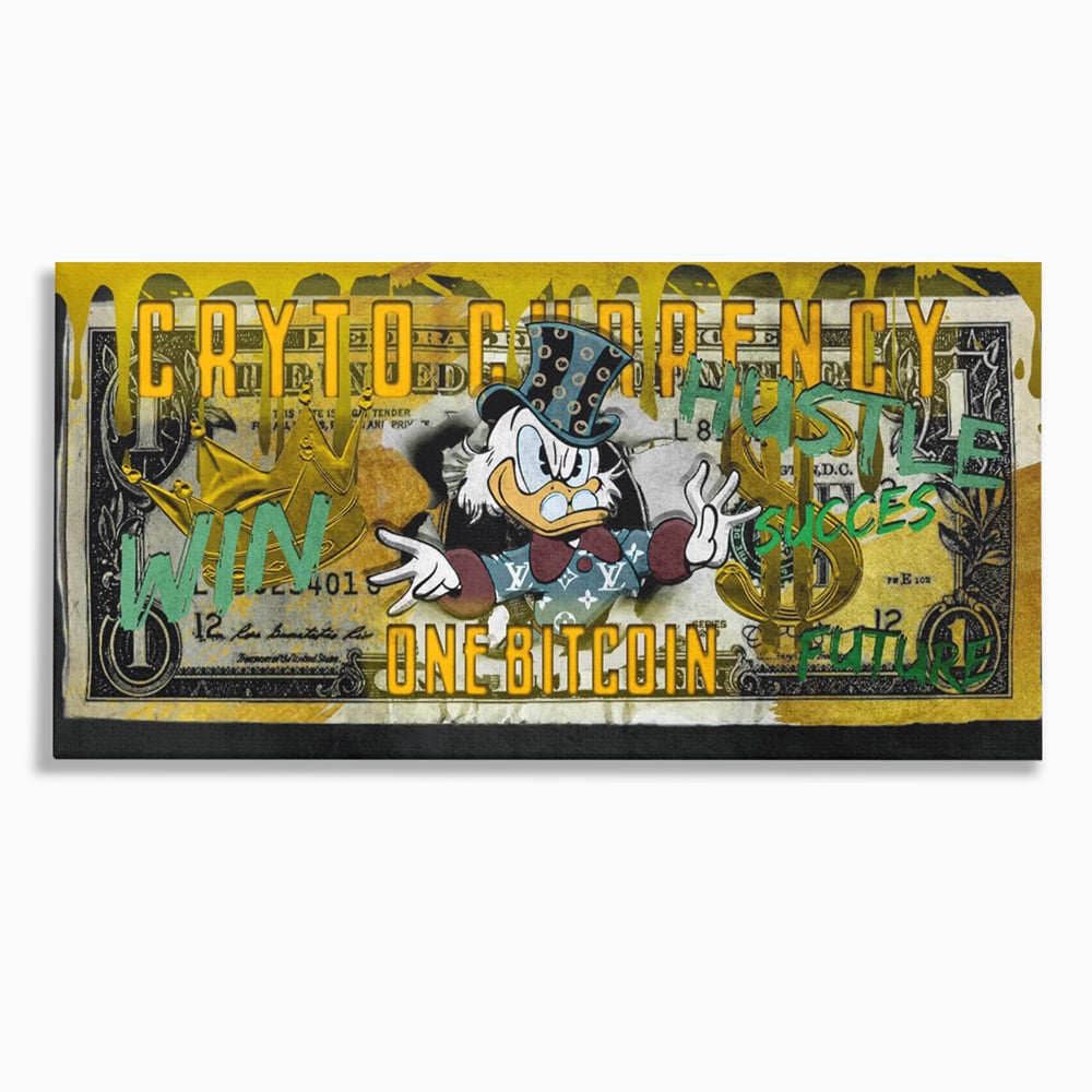 Tablou Canvas Premium, LuxCanva® B1025 Donald Duck Bitcoin, Donald Duck, Bani, Bitcoin, Crypto, Culori Vibrante