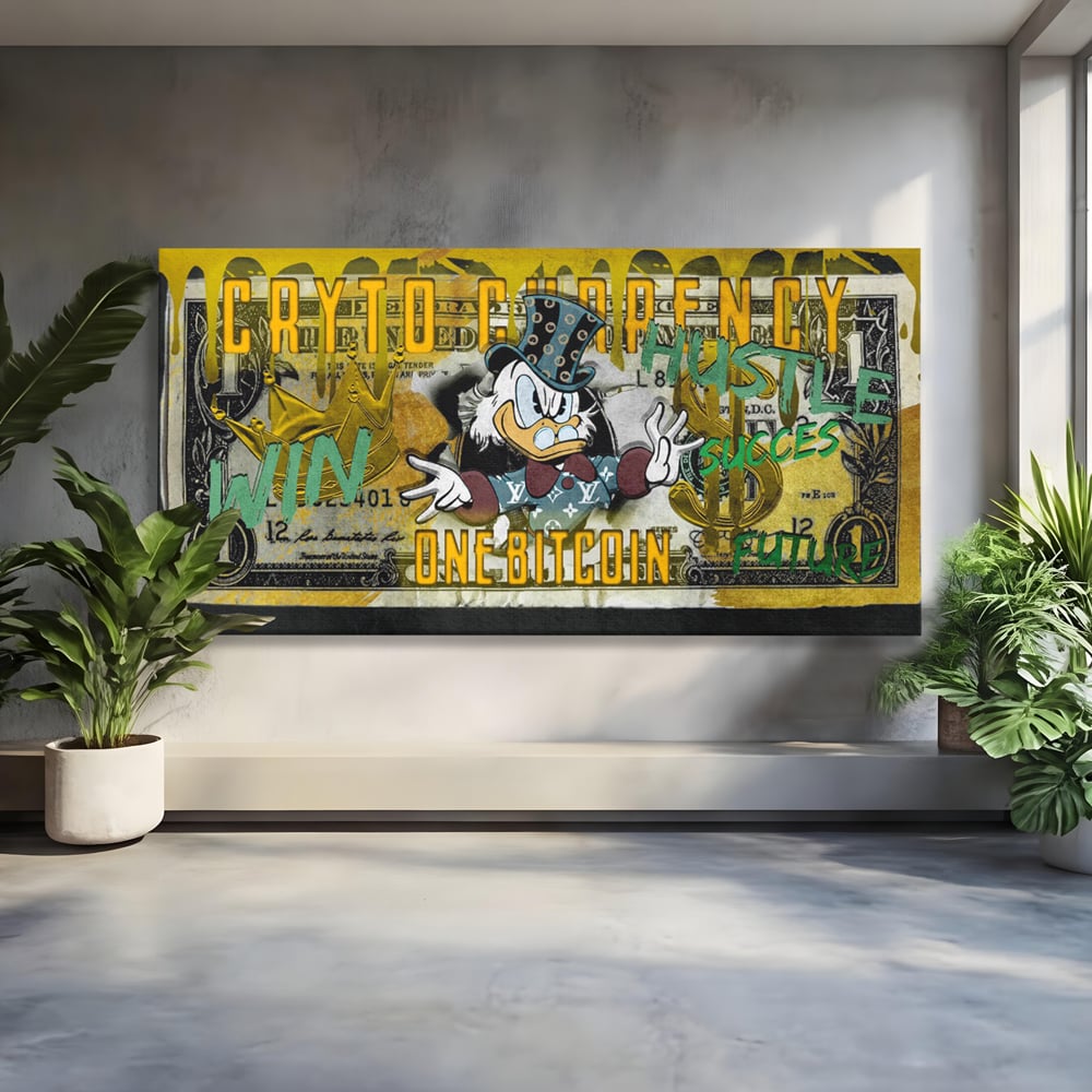 Tablou Canvas Premium, LuxCanva® B1025 Donald Duck Bitcoin, Donald Duck, Bani, Bitcoin, Crypto, Culori Vibrante