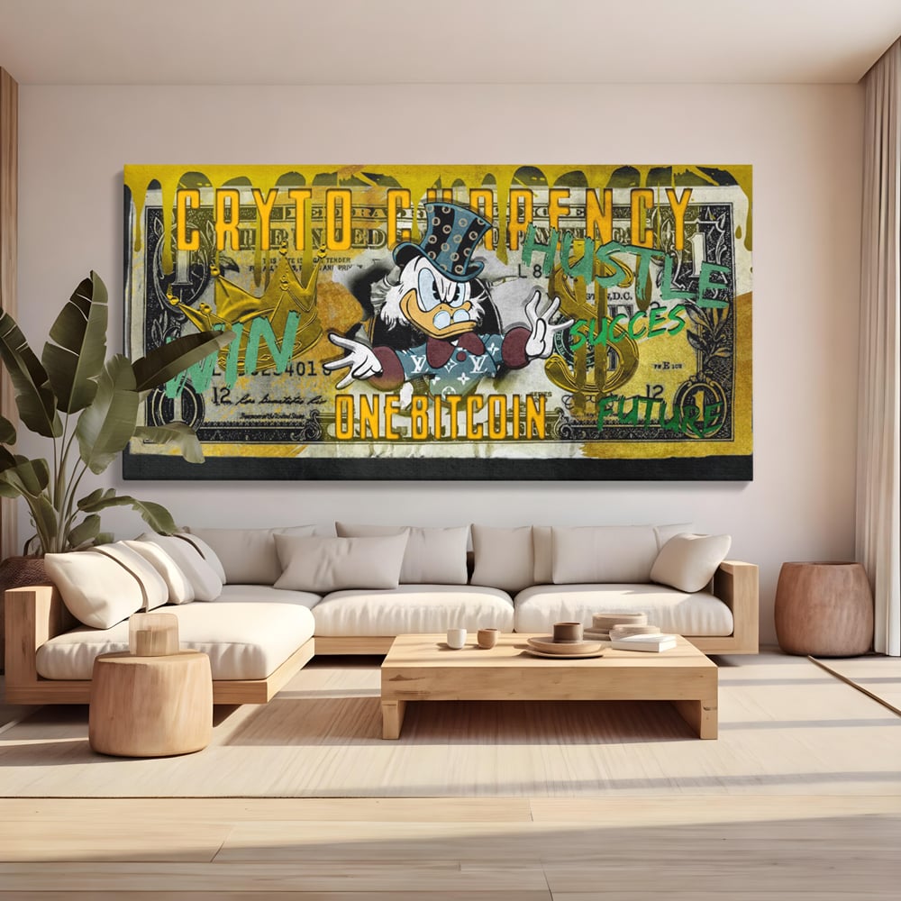 Tablou Canvas Premium, LuxCanva® B1025 Donald Duck Bitcoin, Donald Duck, Bani, Bitcoin, Crypto, Culori Vibrante