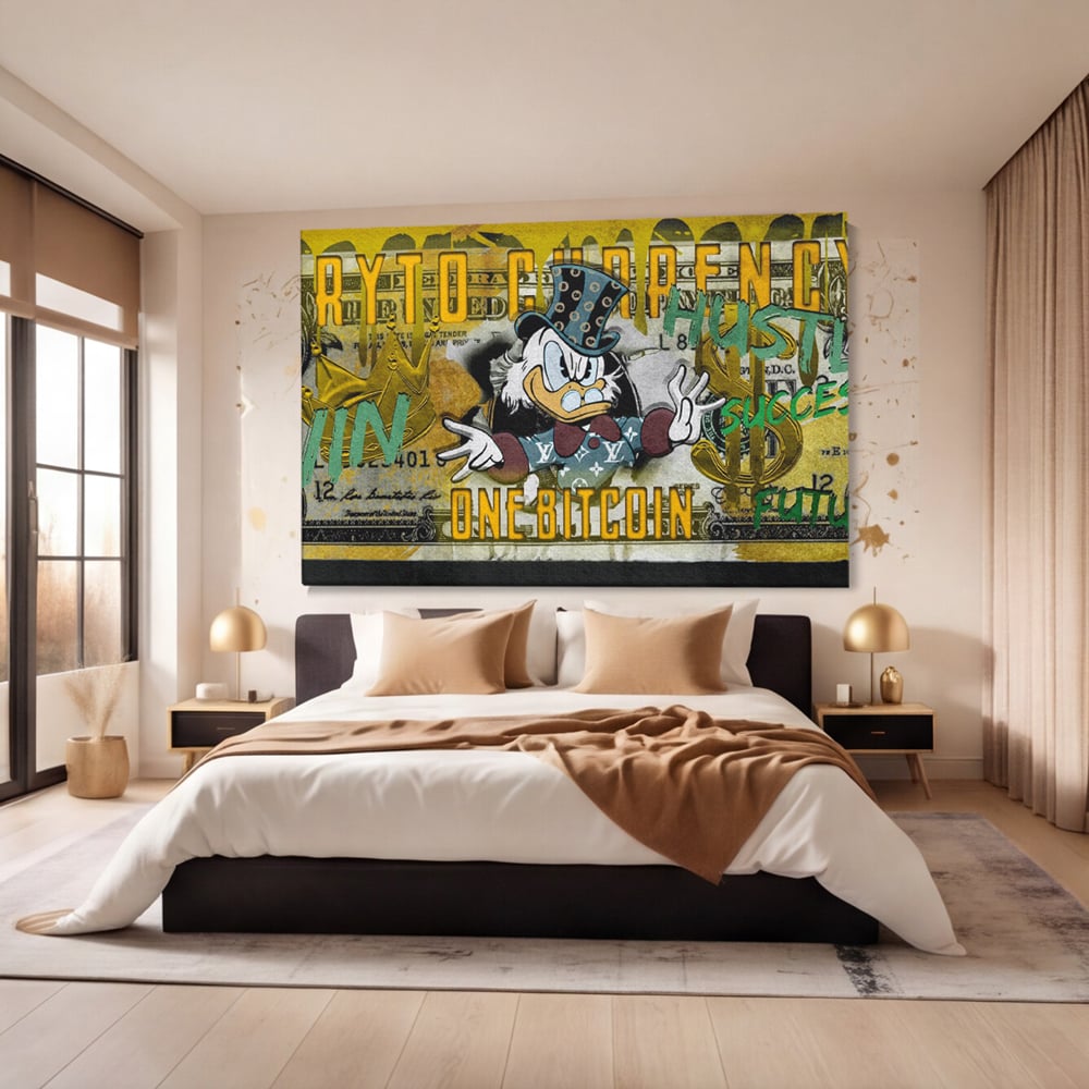 Tablou Canvas Premium, LuxCanva® B1025 Donald Duck Bitcoin, Donald Duck, Bani, Bitcoin, Crypto, Culori Vibrante
