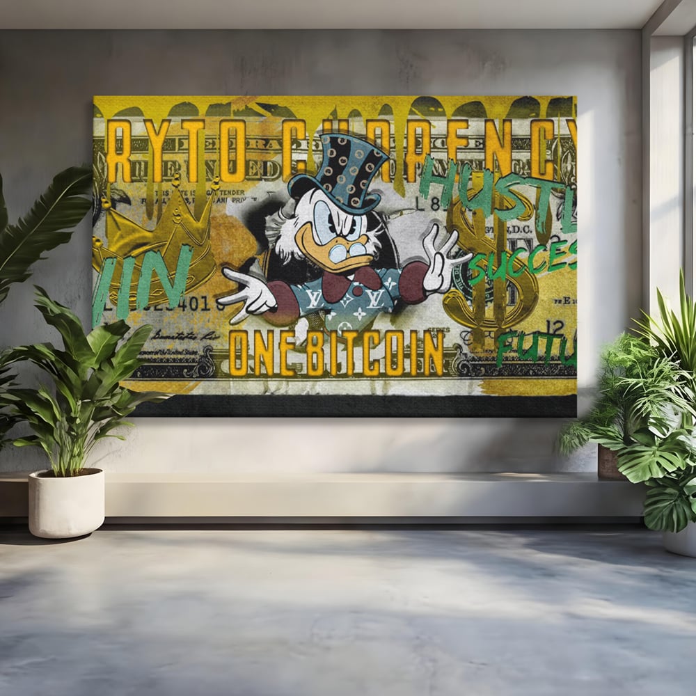 Tablou Canvas Premium, LuxCanva® B1025 Donald Duck Bitcoin, Donald Duck, Bani, Bitcoin, Crypto, Culori Vibrante