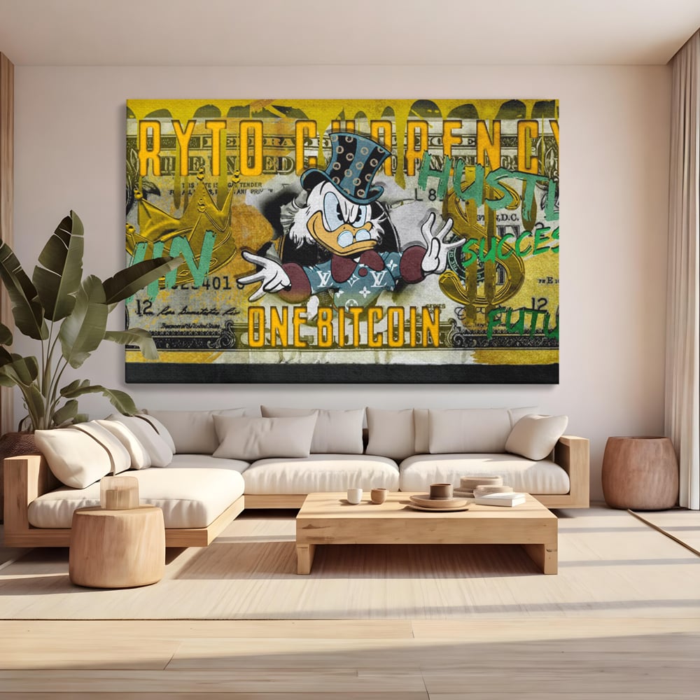 Tablou Canvas Premium, LuxCanva® B1025 Donald Duck Bitcoin, Donald Duck, Bani, Bitcoin, Crypto, Culori Vibrante