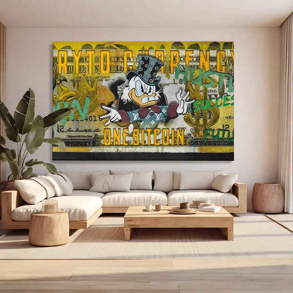 Tablou Canvas Premium, LuxCanva® B1025 Donald Duck Bitcoin, Donald Duck, Bani, Bitcoin, Crypto, Culori Vibrante