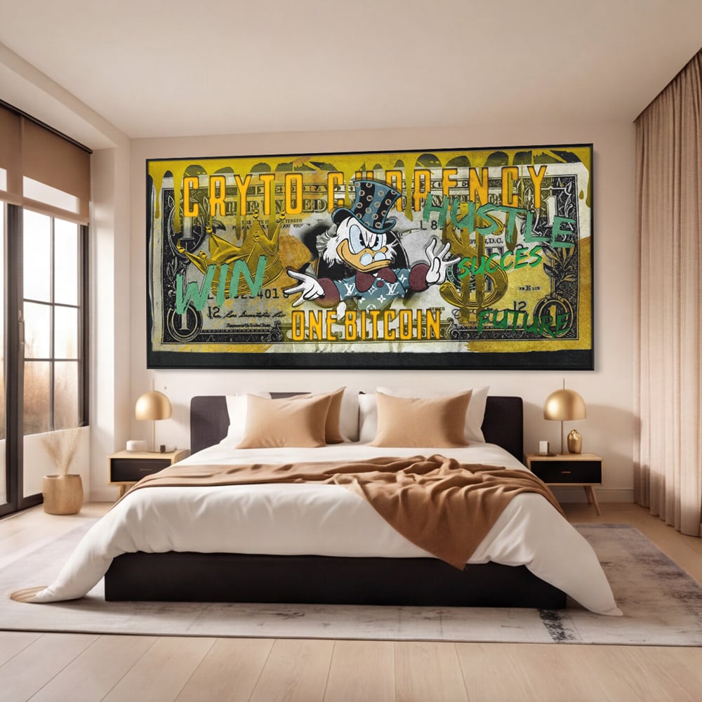 Tablou Canvas Premium, LuxCanva® B1025 Donald Duck Bitcoin, Donald Duck, Bani, Bitcoin, Crypto, Culori Vibrante