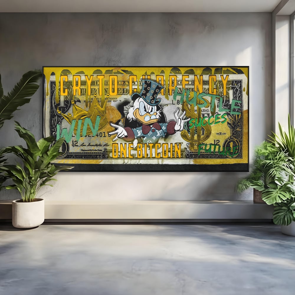 Tablou Canvas Premium, LuxCanva® B1025 Donald Duck Bitcoin, Donald Duck, Bani, Bitcoin, Crypto, Culori Vibrante