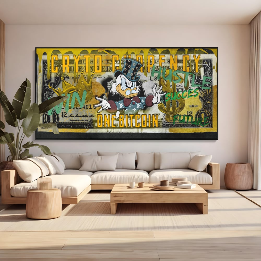 Tablou Canvas Premium, LuxCanva® B1025 Donald Duck Bitcoin, Donald Duck, Bani, Bitcoin, Crypto, Culori Vibrante
