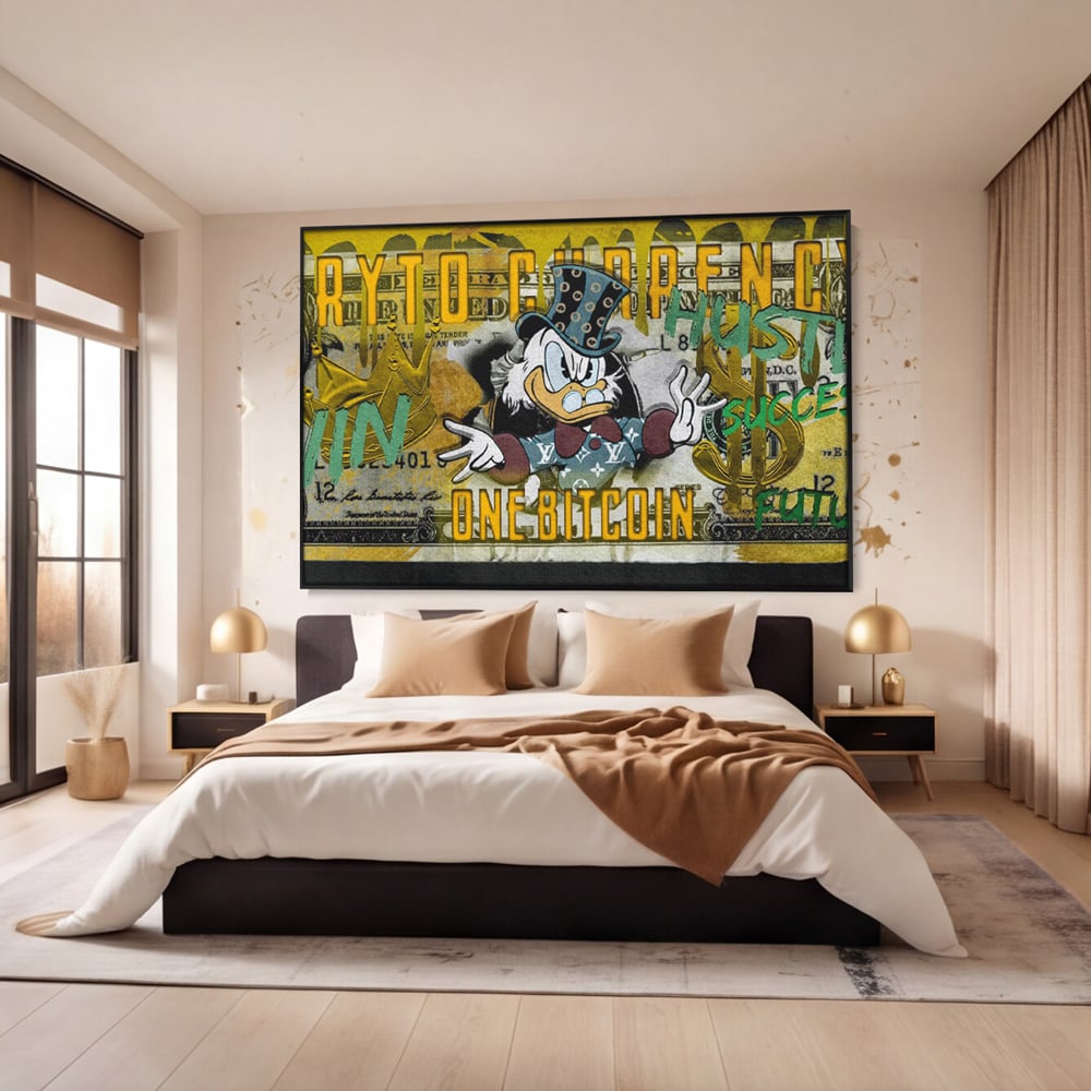 Tablou Canvas Premium, LuxCanva® B1025 Donald Duck Bitcoin, Donald Duck, Bani, Bitcoin, Crypto, Culori Vibrante