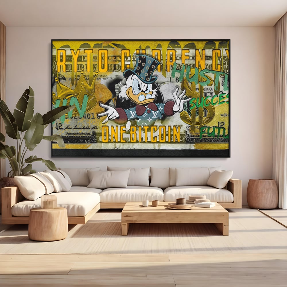 Tablou Canvas Premium, LuxCanva® B1025 Donald Duck Bitcoin, Donald Duck, Bani, Bitcoin, Crypto, Culori Vibrante