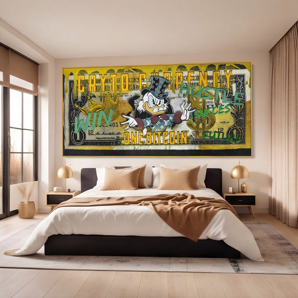 Tablou Canvas Premium, LuxCanva® B1025 Donald Duck Bitcoin, Donald Duck, Bani, Bitcoin, Crypto, Culori Vibrante
