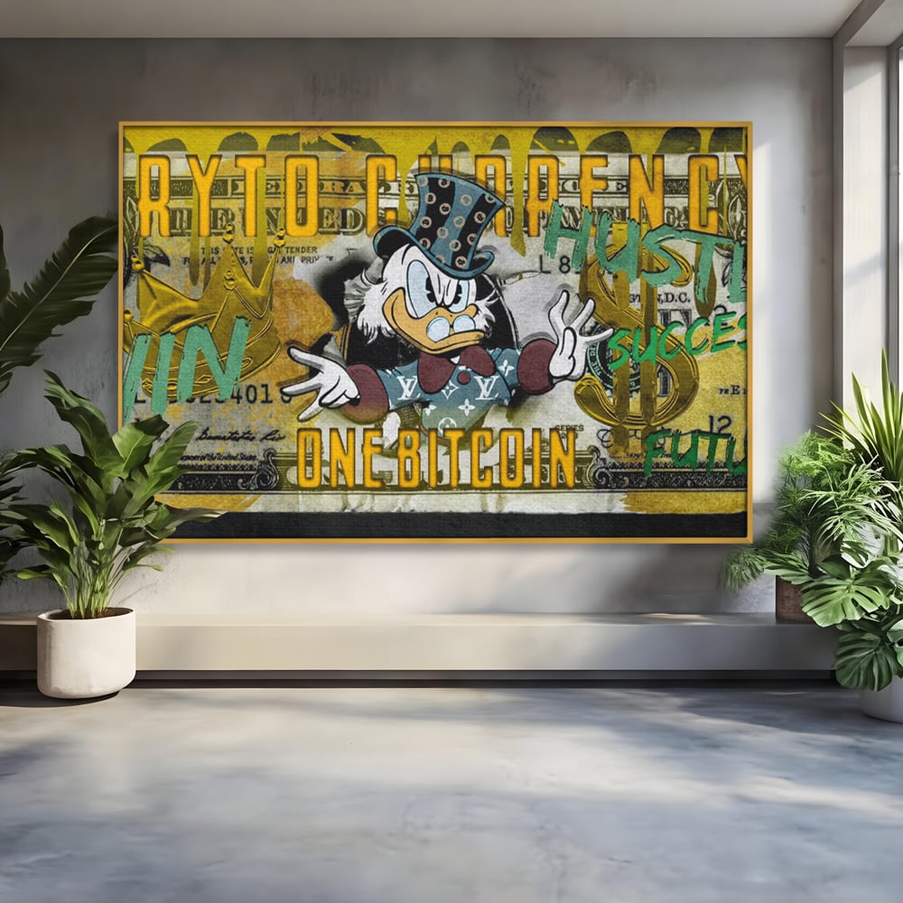 Tablou Canvas Premium, LuxCanva® B1025 Donald Duck Bitcoin, Donald Duck, Bani, Bitcoin, Crypto, Culori Vibrante