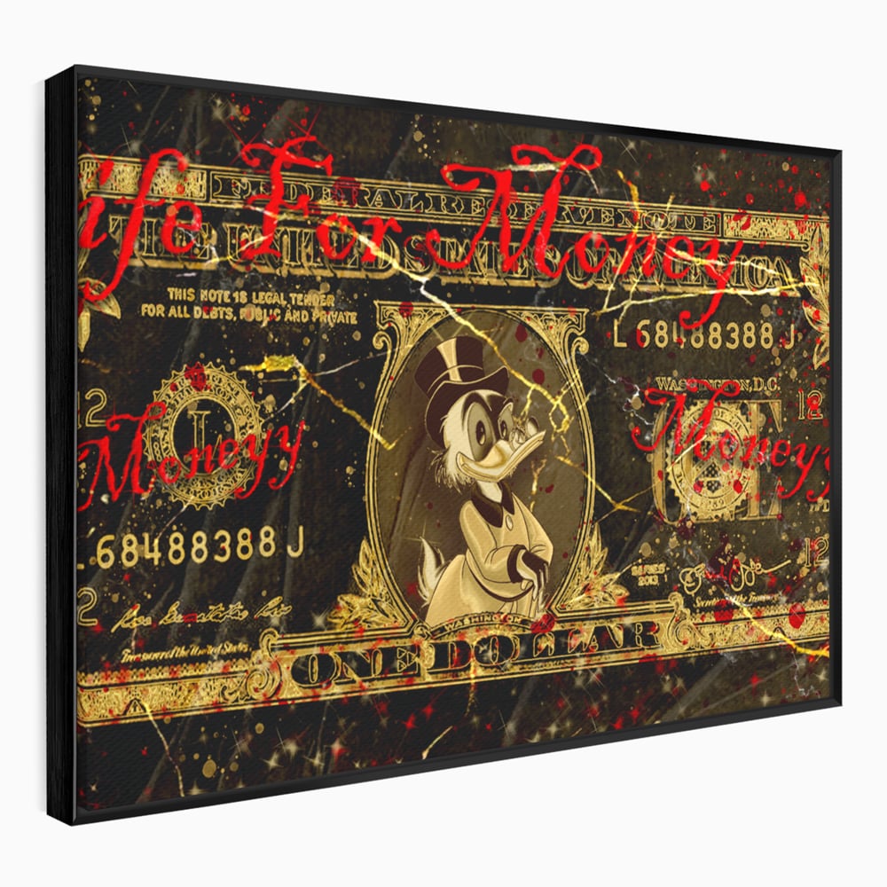 Tablou Canvas Premium LuxCanva® B1032, Life For Money , Decorativ, Donald Duck, Bani, Dolari, Motivational, Culori Vibrante