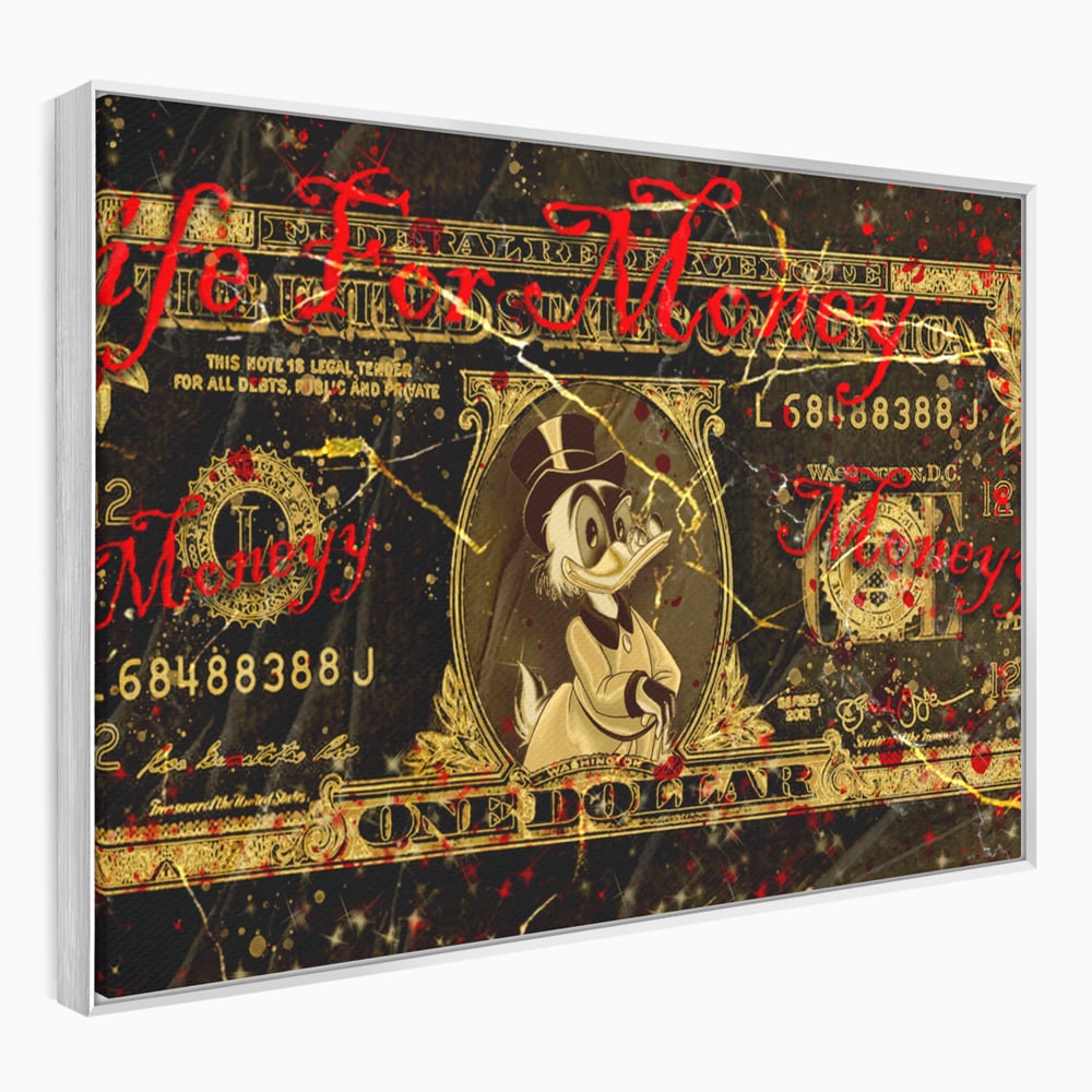 Tablou Canvas Premium LuxCanva® B1032, Life For Money , Decorativ, Donald Duck, Bani, Dolari, Motivational, Culori Vibrante