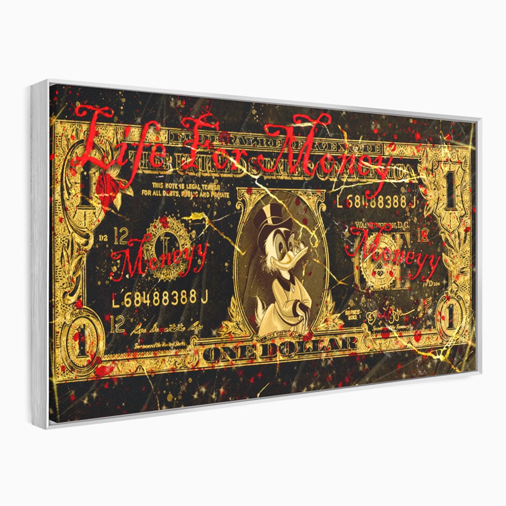 Tablou Canvas Premium LuxCanva® B1032, Life For Money , Decorativ, Donald Duck, Bani, Dolari, Motivational, Culori Vibrante