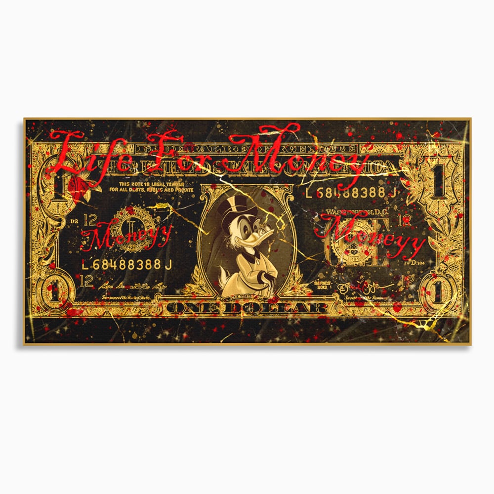 Tablou Canvas Premium LuxCanva® B1032, Life For Money , Decorativ, Donald Duck, Bani, Dolari, Motivational, Culori Vibrante