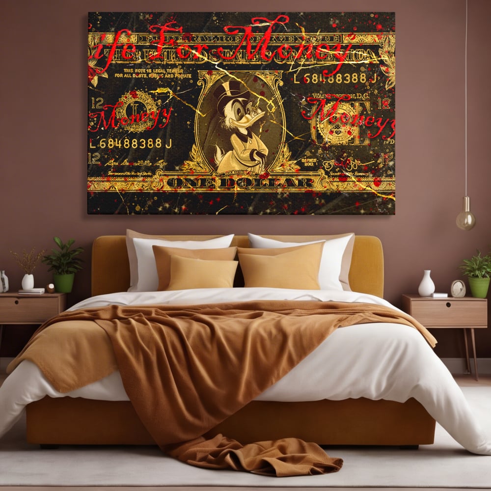 Tablou Canvas Premium LuxCanva® B1032, Life For Money , Decorativ, Donald Duck, Bani, Dolari, Motivational, Culori Vibrante