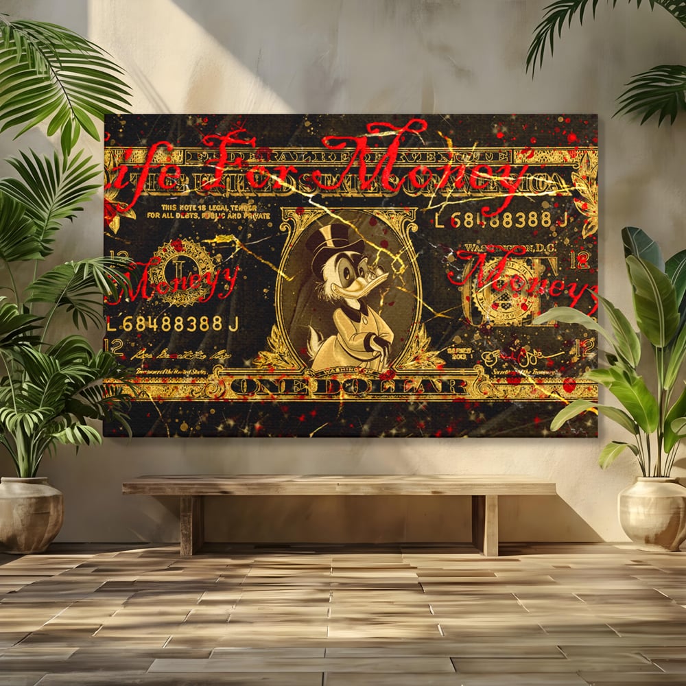 Tablou Canvas Premium LuxCanva® B1032, Life For Money , Decorativ, Donald Duck, Bani, Dolari, Motivational, Culori Vibrante