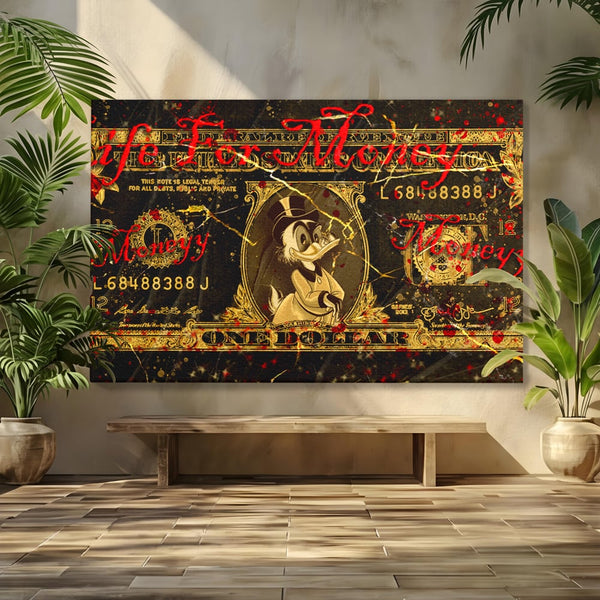 Tablou Canvas Premium LuxCanva® B1032, Life For Money , Decorativ, Donald Duck, Bani, Dolari, Motivational, Culori Vibrante