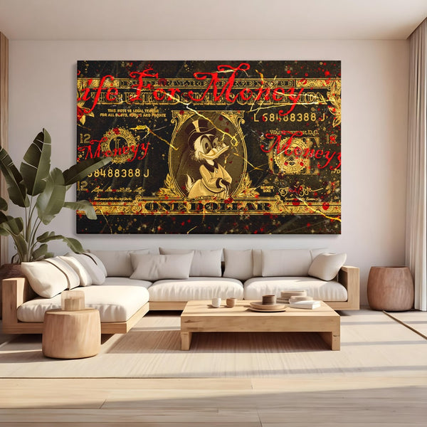 Tablou Canvas Premium LuxCanva® B1032, Life For Money , Decorativ, Donald Duck, Bani, Dolari, Motivational, Culori Vibrante