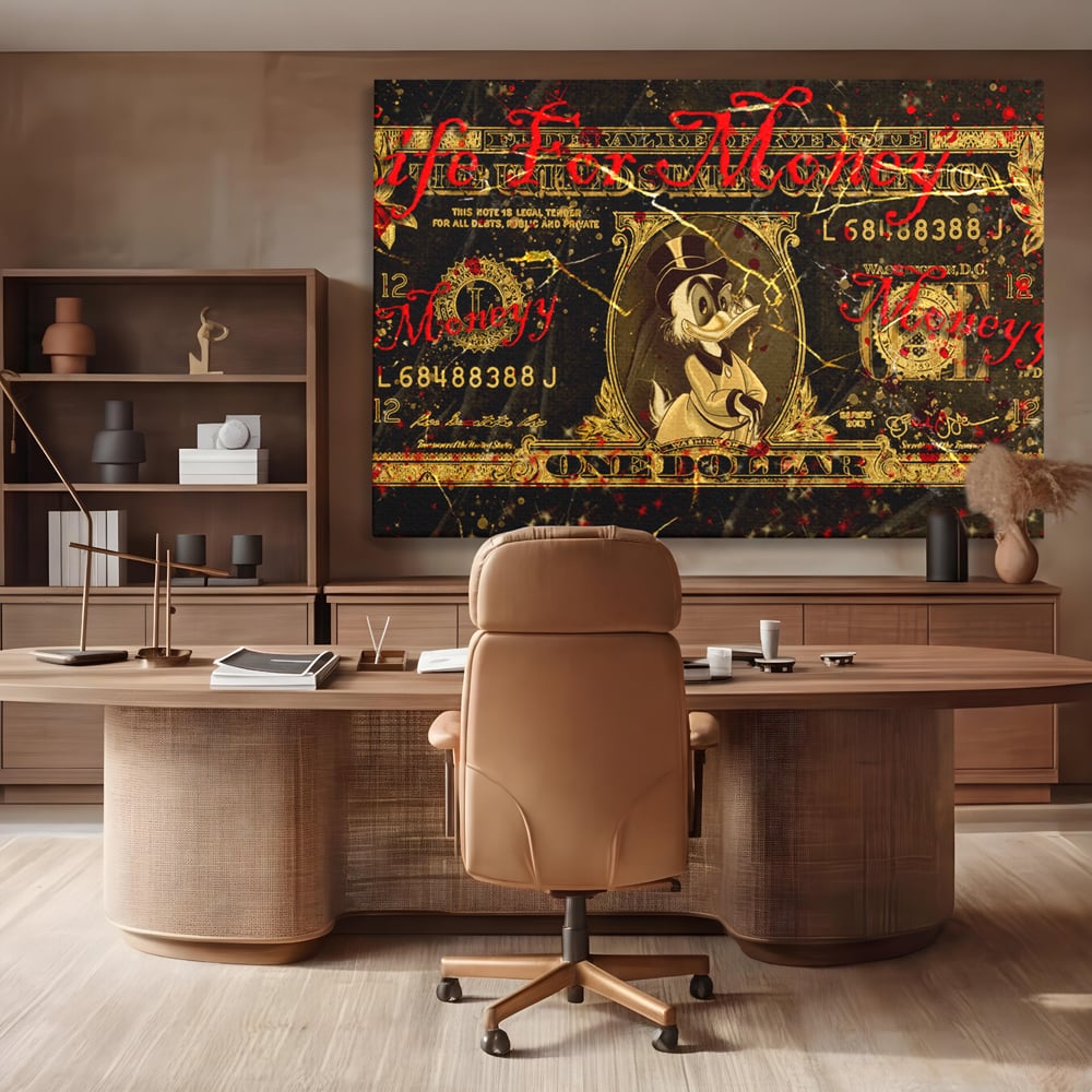 Tablou Canvas Premium LuxCanva® B1032, Life For Money , Decorativ, Donald Duck, Bani, Dolari, Motivational, Culori Vibrante
