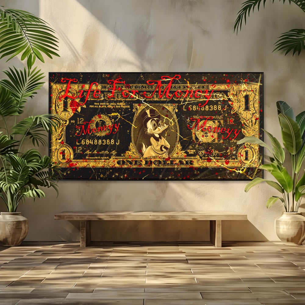 Tablou Canvas Premium LuxCanva® B1032, Life For Money , Decorativ, Donald Duck, Bani, Dolari, Motivational, Culori Vibrante