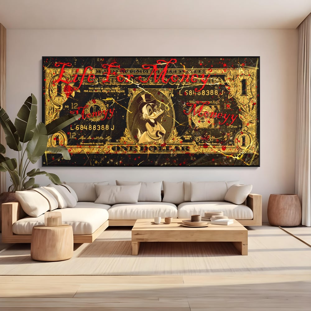 Tablou Canvas Premium LuxCanva® B1032, Life For Money , Decorativ, Donald Duck, Bani, Dolari, Motivational, Culori Vibrante