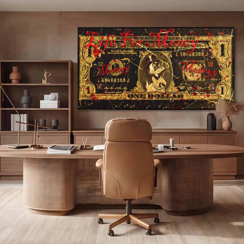 Tablou Canvas Premium LuxCanva® B1032, Life For Money , Decorativ, Donald Duck, Bani, Dolari, Motivational, Culori Vibrante