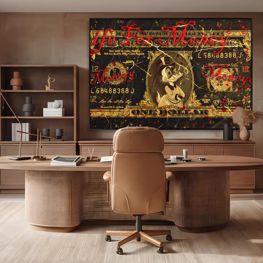 Tablou Canvas Premium LuxCanva® B1032, Life For Money , Decorativ, Donald Duck, Bani, Dolari, Motivational, Culori Vibrante