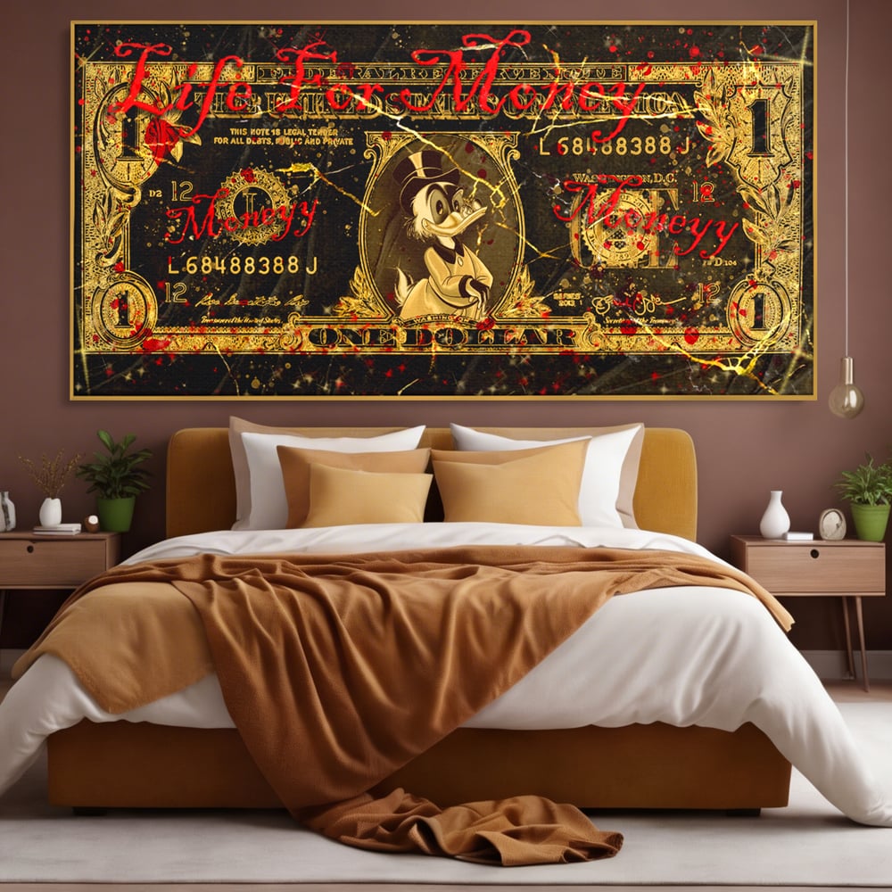 Tablou Canvas Premium LuxCanva® B1032, Life For Money , Decorativ, Donald Duck, Bani, Dolari, Motivational, Culori Vibrante
