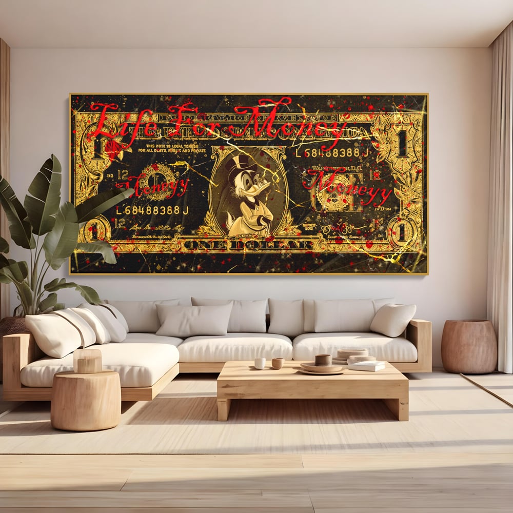 Tablou Canvas Premium LuxCanva® B1032, Life For Money , Decorativ, Donald Duck, Bani, Dolari, Motivational, Culori Vibrante