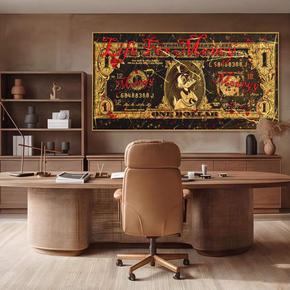 Tablou Canvas Premium LuxCanva® B1032, Life For Money , Decorativ, Donald Duck, Bani, Dolari, Motivational, Culori Vibrante