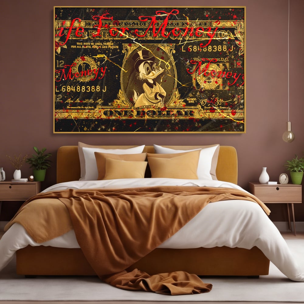 Tablou Canvas Premium LuxCanva® B1032, Life For Money , Decorativ, Donald Duck, Bani, Dolari, Motivational, Culori Vibrante