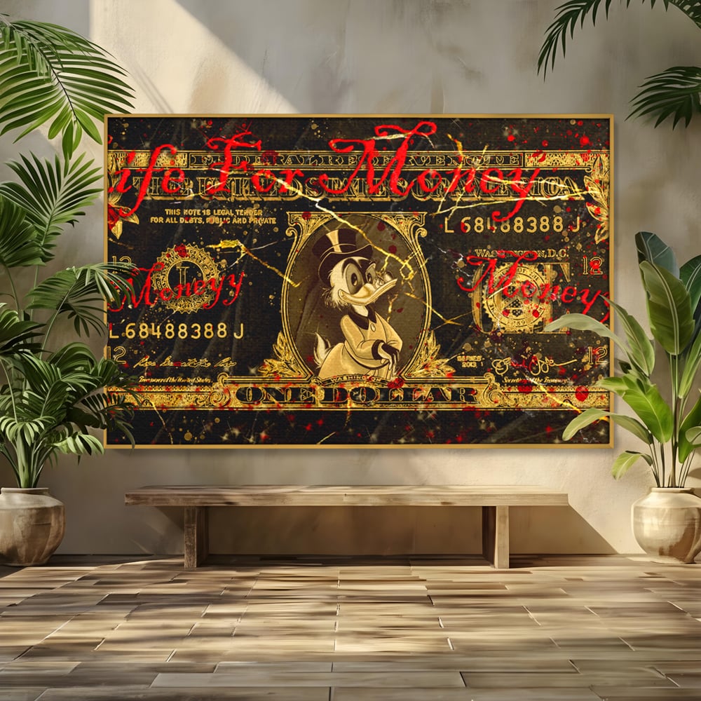 Tablou Canvas Premium LuxCanva® B1032, Life For Money , Decorativ, Donald Duck, Bani, Dolari, Motivational, Culori Vibrante
