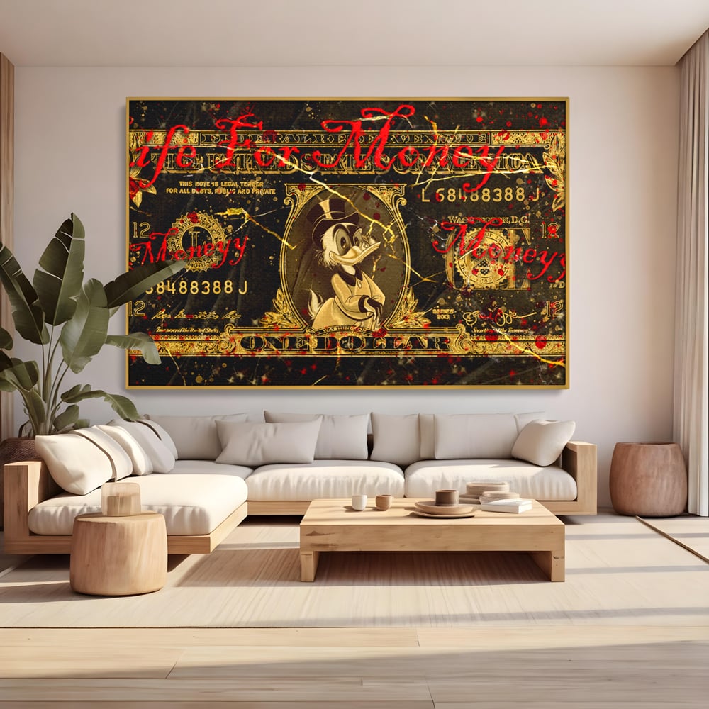 Tablou Canvas Premium LuxCanva® B1032, Life For Money , Decorativ, Donald Duck, Bani, Dolari, Motivational, Culori Vibrante