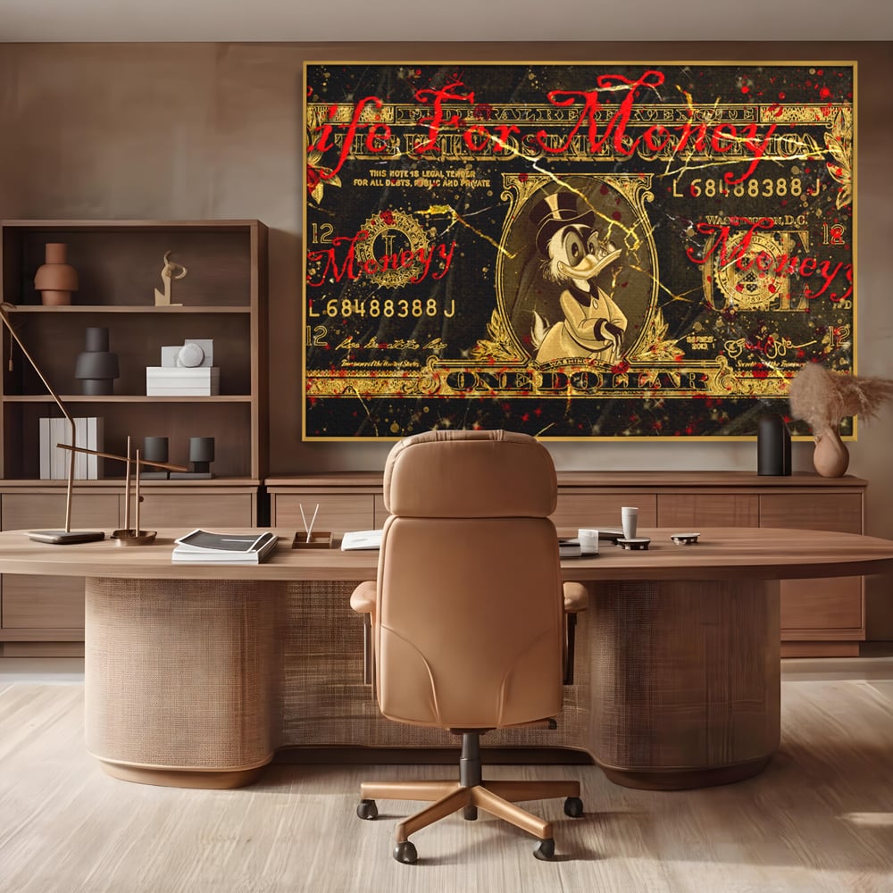 Tablou Canvas Premium LuxCanva® B1032, Life For Money , Decorativ, Donald Duck, Bani, Dolari, Motivational, Culori Vibrante