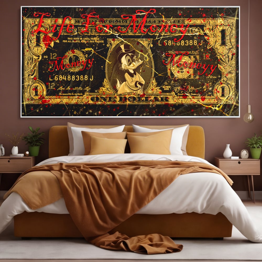 Tablou Canvas Premium LuxCanva® B1032, Life For Money , Decorativ, Donald Duck, Bani, Dolari, Motivational, Culori Vibrante