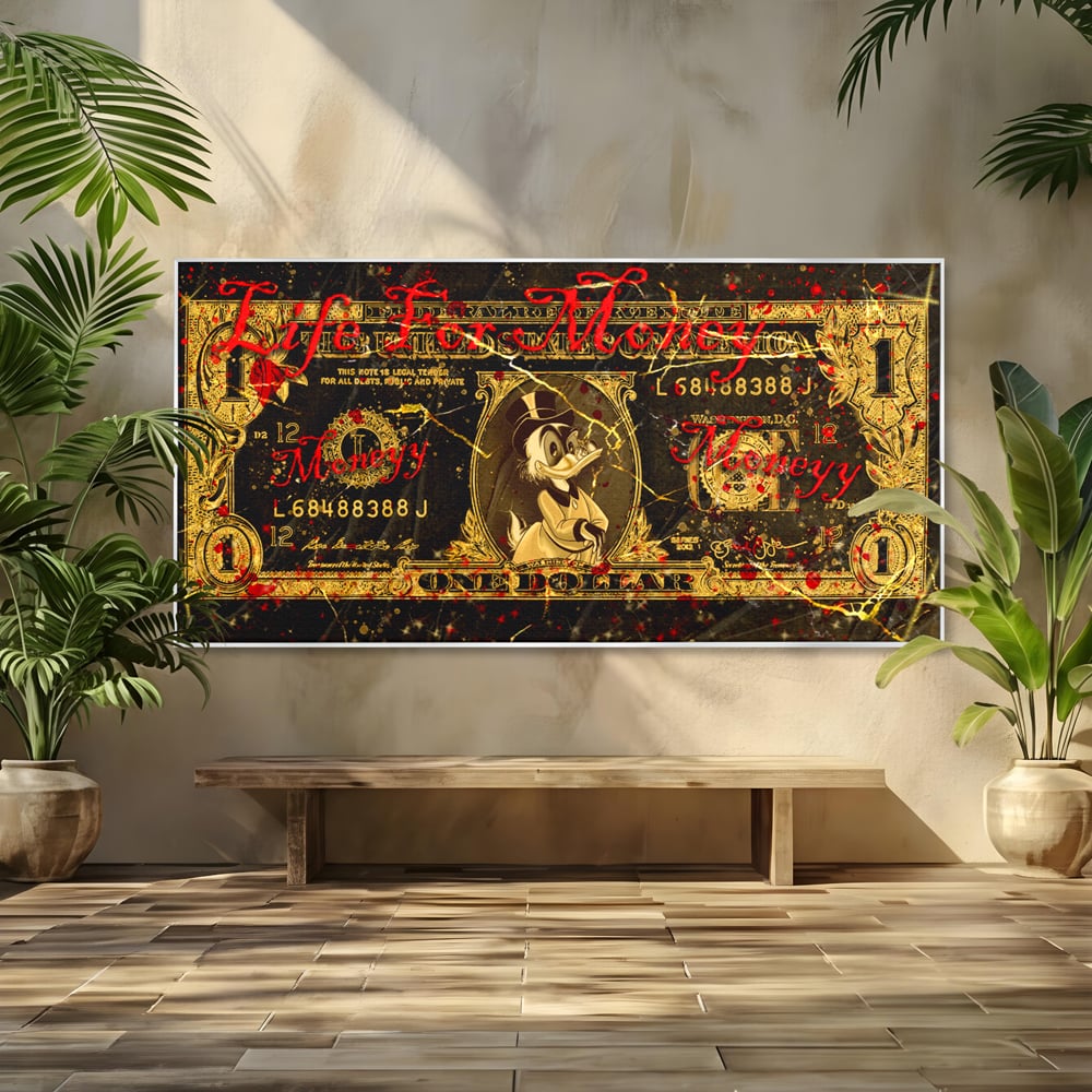 Tablou Canvas Premium LuxCanva® B1032, Life For Money , Decorativ, Donald Duck, Bani, Dolari, Motivational, Culori Vibrante