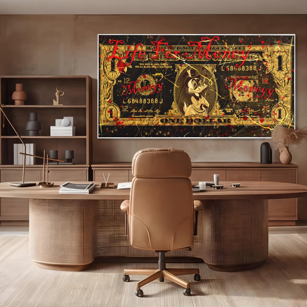 Tablou Canvas Premium LuxCanva® B1032, Life For Money , Decorativ, Donald Duck, Bani, Dolari, Motivational, Culori Vibrante