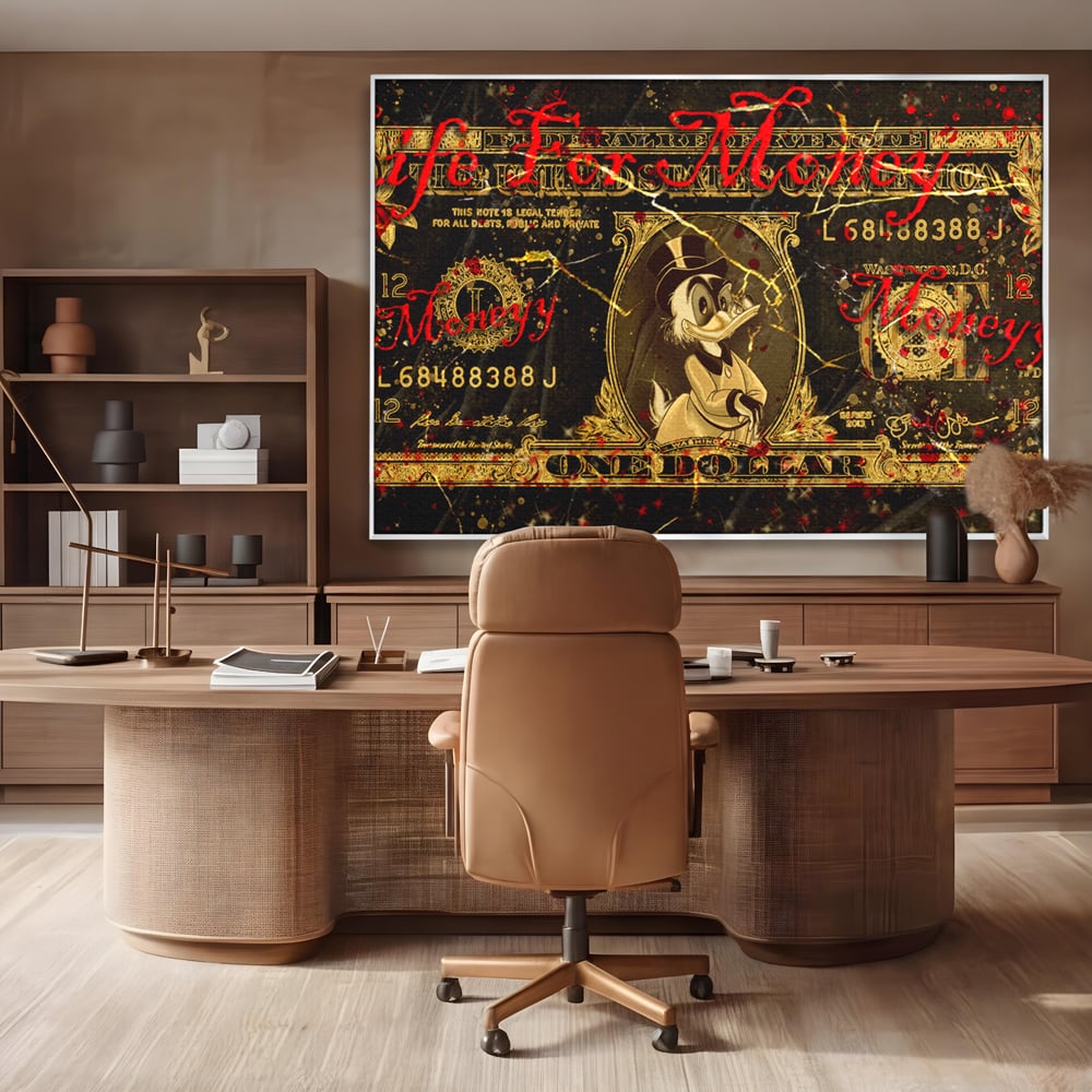 Tablou Canvas Premium LuxCanva® B1032, Life For Money , Decorativ, Donald Duck, Bani, Dolari, Motivational, Culori Vibrante