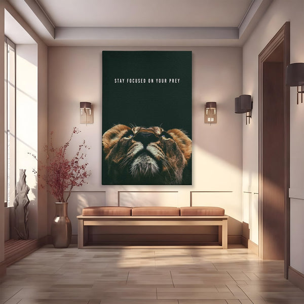 Tablou Canvas Premium LuxCanva® B1035, Stay Focused On Your Prey , Decorativ, Concentrare, Putere, Leu, Motivational, Culori Vibrante