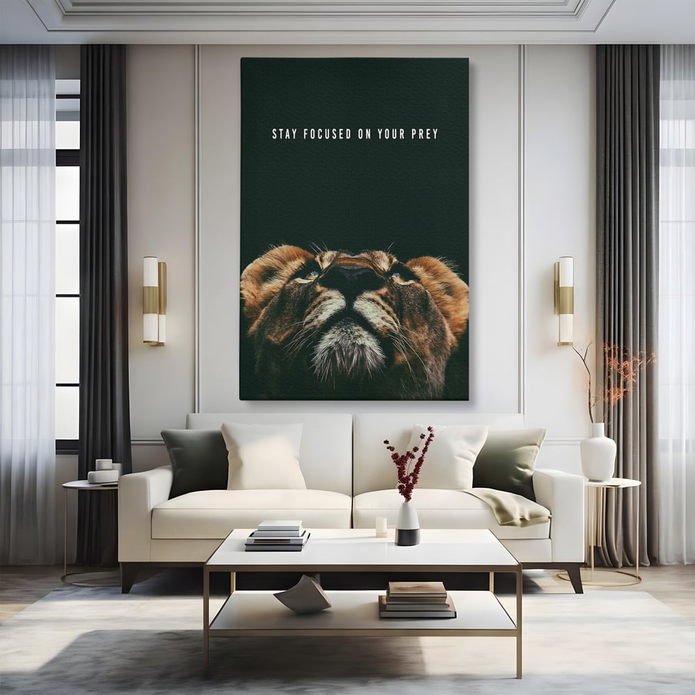Tablou Canvas Premium LuxCanva® B1035, Stay Focused On Your Prey , Decorativ, Concentrare, Putere, Leu, Motivational, Culori Vibrante